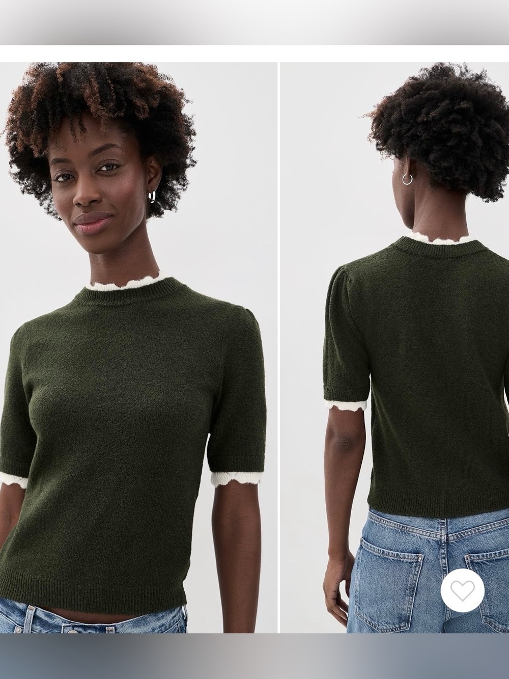 WAYF  Classic Olive Short-Sleeve Knit Top with Scalloped and Ribbed Trim, size M
